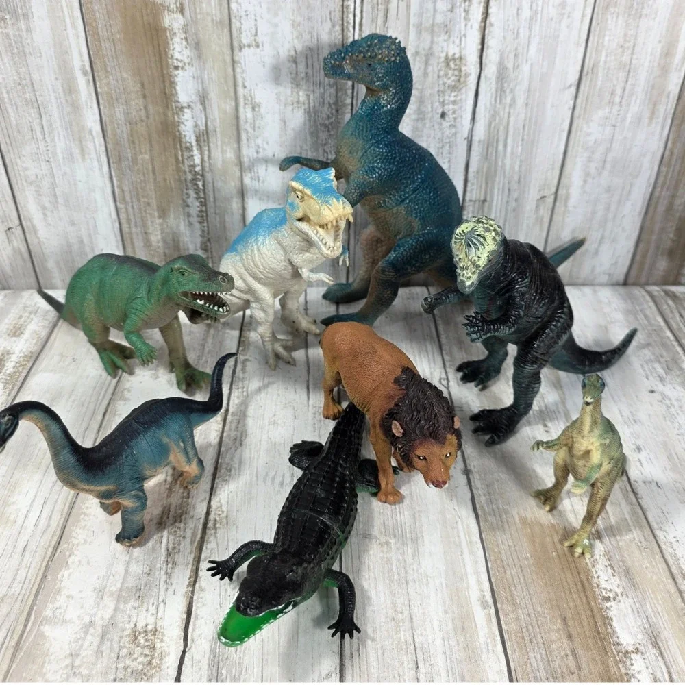 Vintage Style Dinosaur and Wild Animal Toy Figure Lot T-Rex Lion Crocodile 8pc